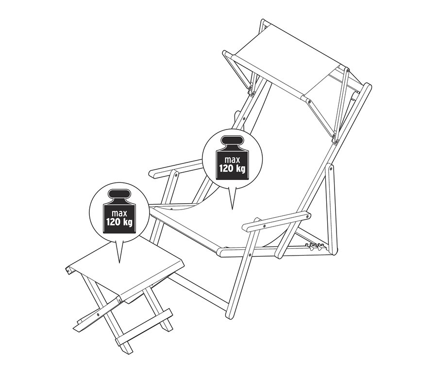 Egy kerti összecsukható napozószék és lábtartó vázlatos rajza.