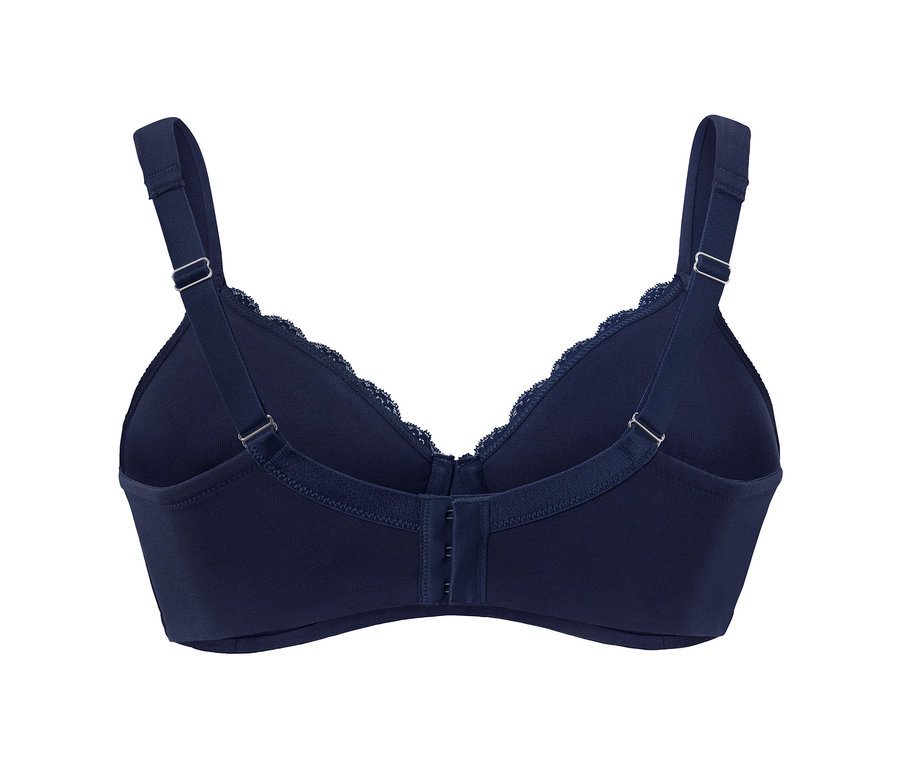 Sötétkék merevítős melltartó hátulnézetből.