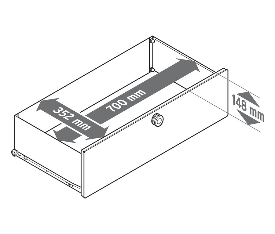 A »CN3« fém kiegészítő fiók-szett méreteit ábrázoló rajz: 700 mm, 352 mm és 148 mm.