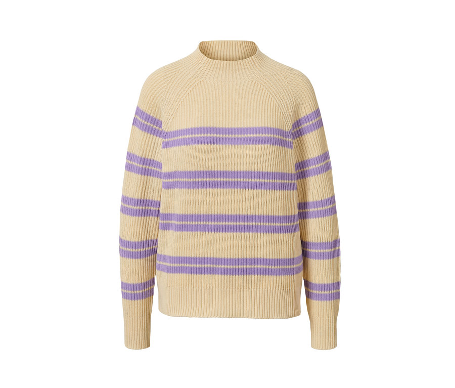 Női kötött pulóver, csíkos, bézs/lila.
