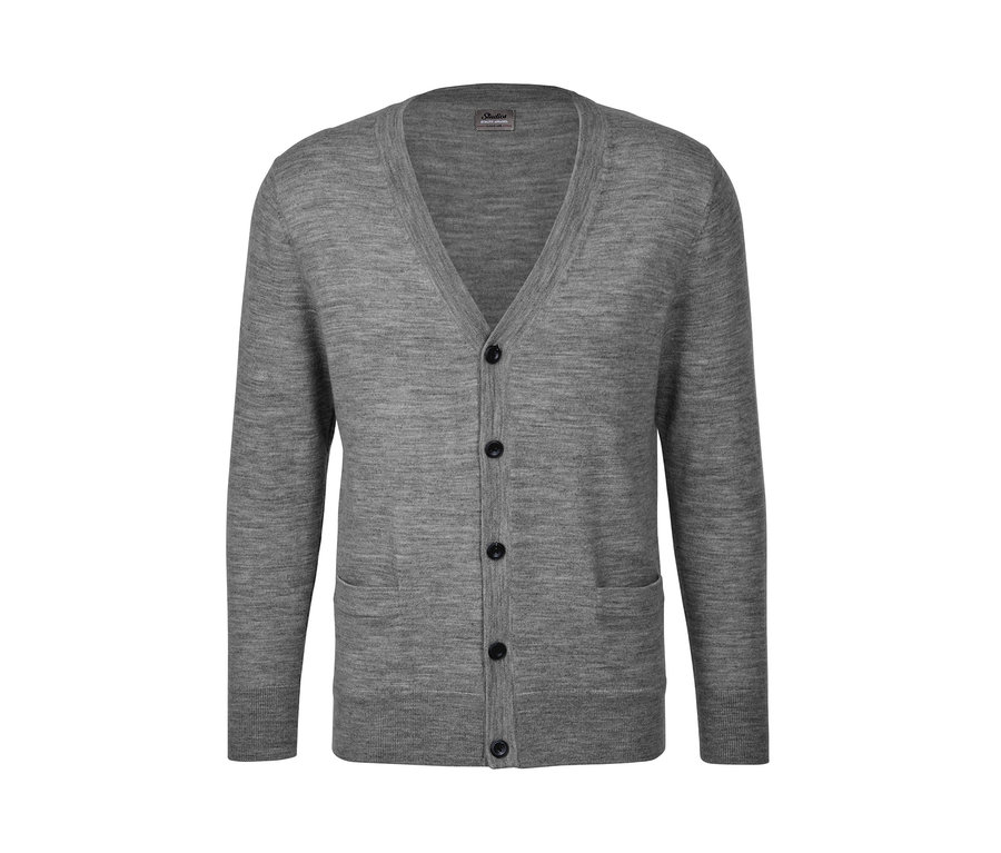 Szürke, gombos, zsebes merinó kardigán.