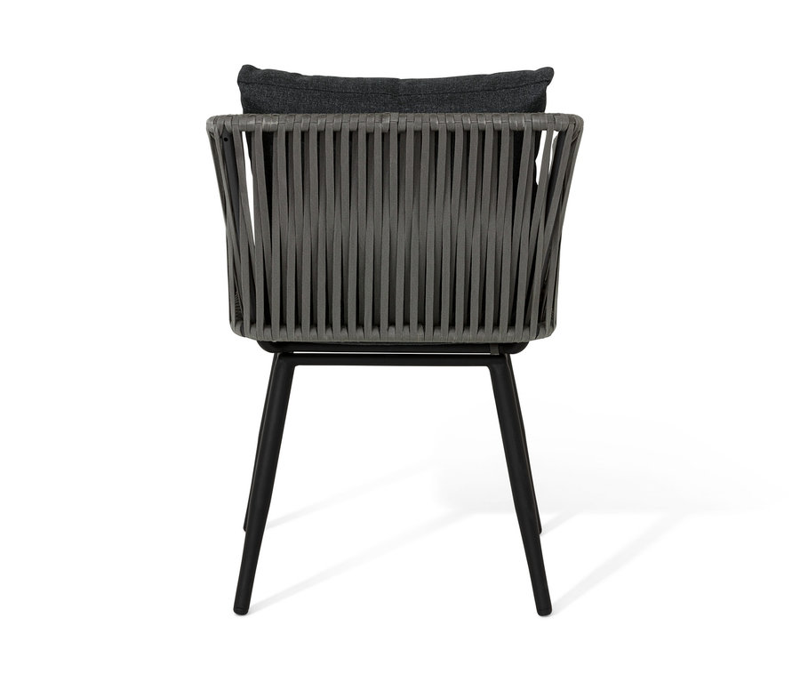 Hátulnézet egy textilhálós étkezőszékről, sötétszürke ülőpárnával.