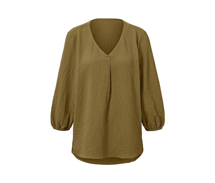 Egy barna tunikablúz hosszú ujjakkal és V-nyakkivágással.