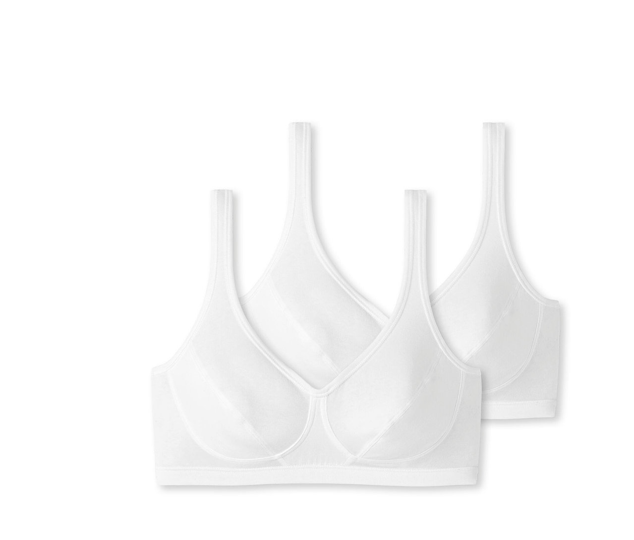 Két fehér SCHIESSER kosaras bustier melltartó biopamuttal egymás mellett.