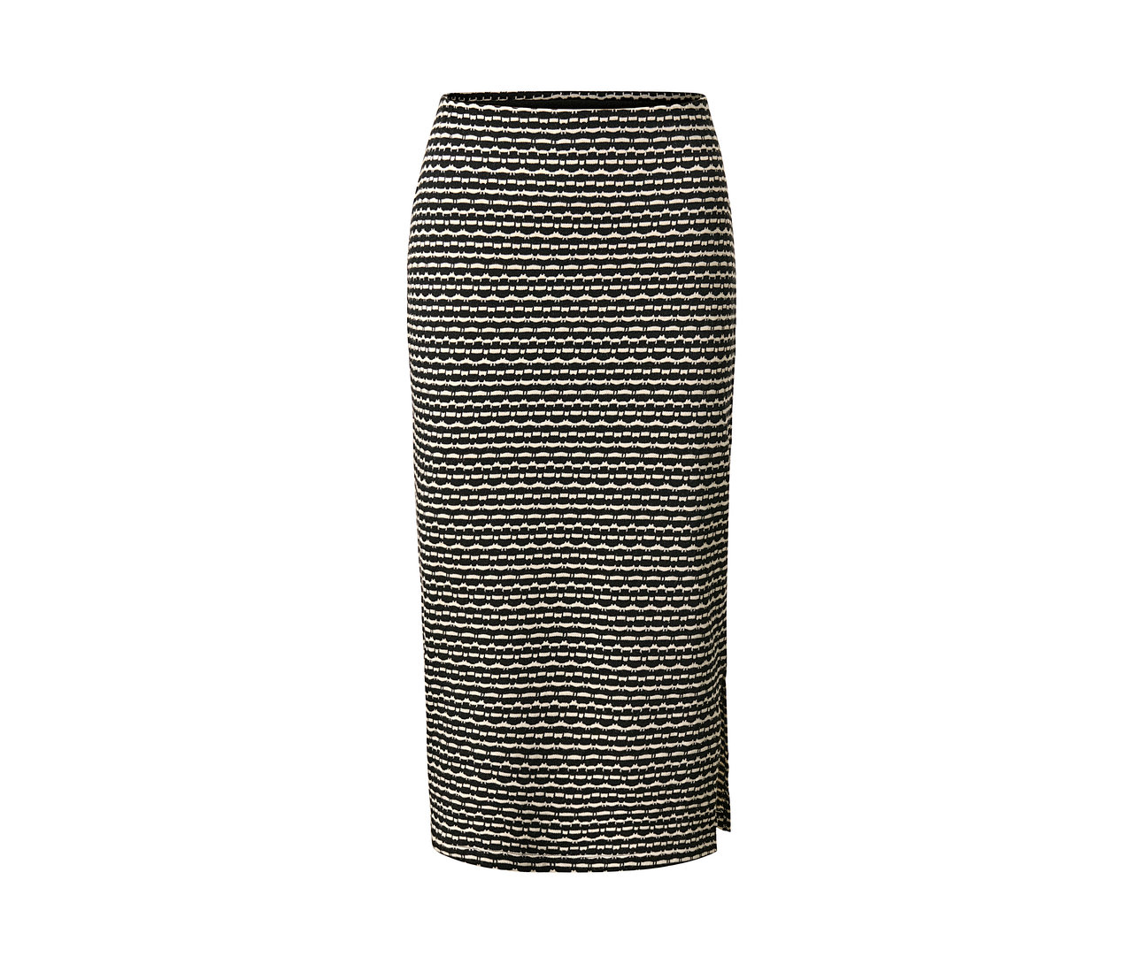 A mintás, krém/fekete női kötött szoknya részlete.