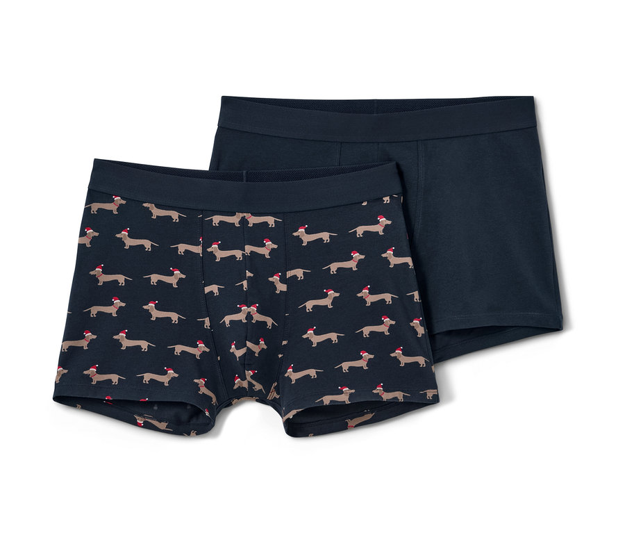 Két boxeralsó, az egyik tacskómintás, a másik kék.