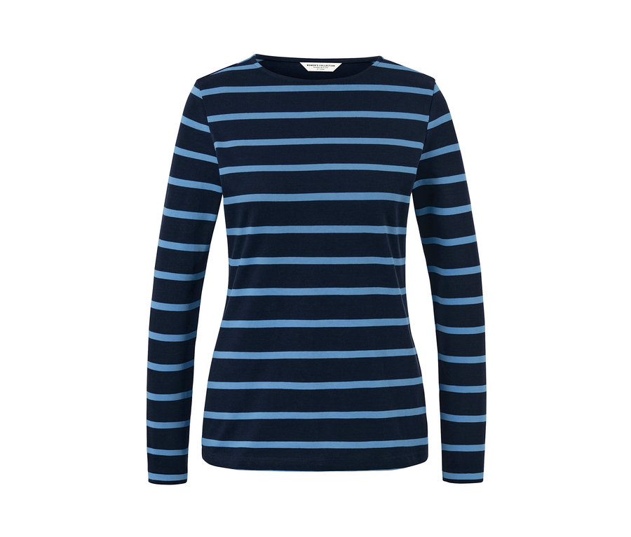 Sötétkék/világoskék csíkos női hosszú ujjú felső.