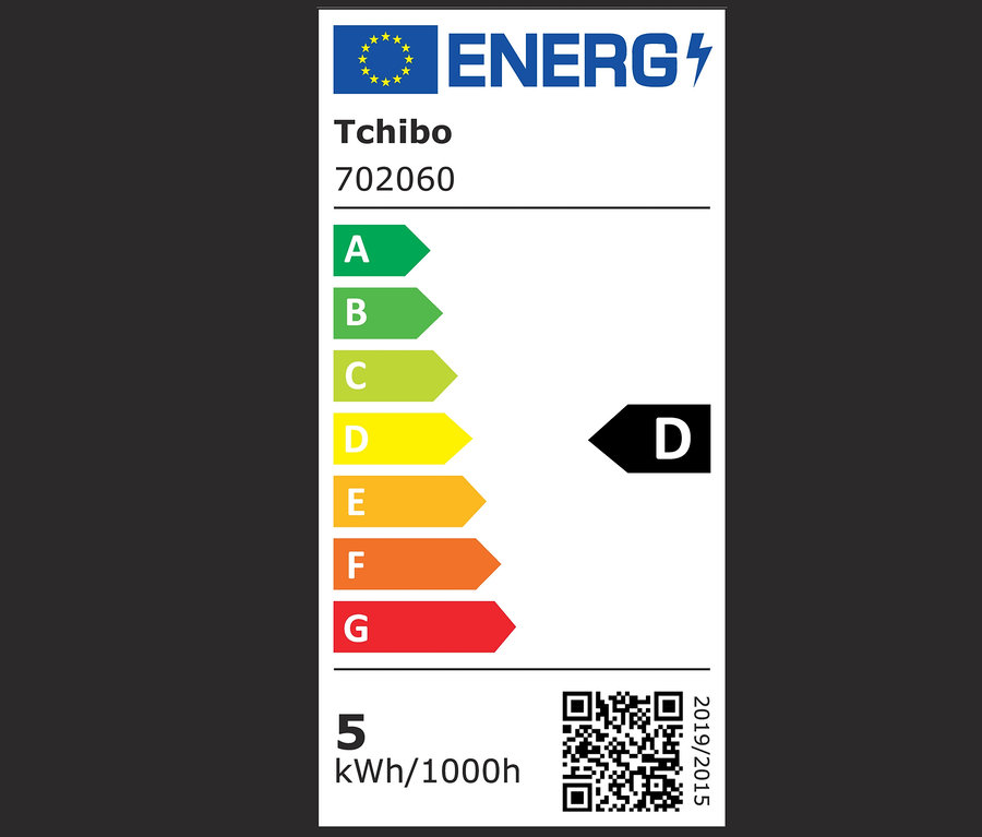 Energiacímke A-tól G-ig terjedő energiaosztályokkal, a D kiemelve.