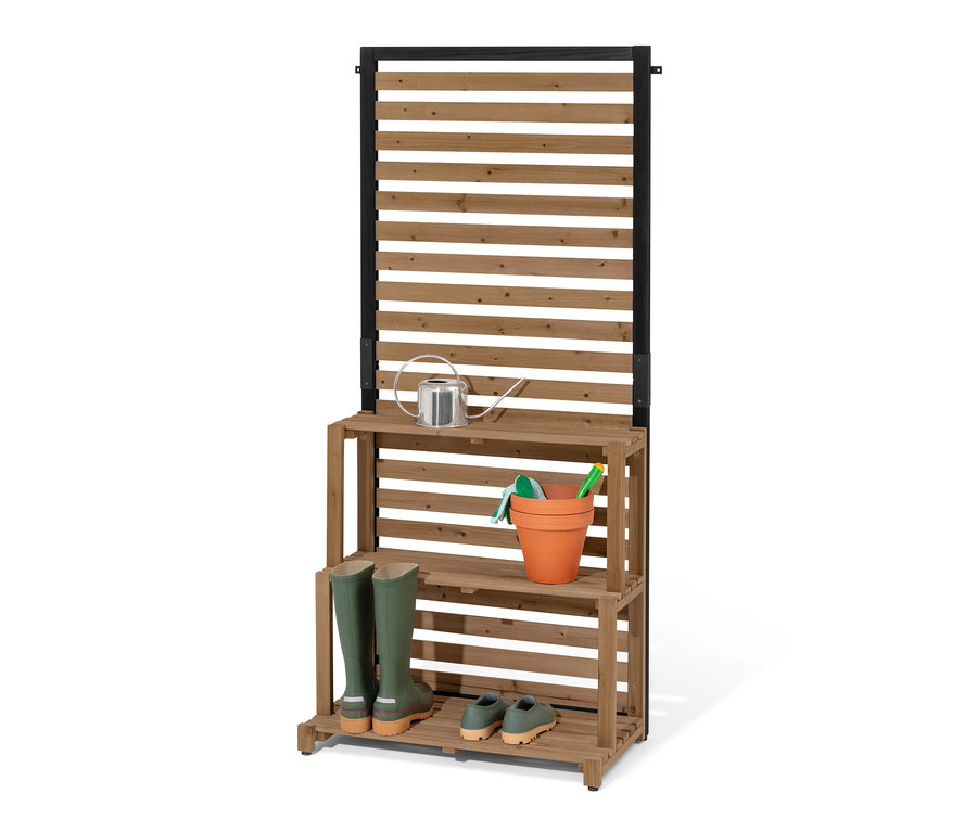 »Elin« belátásgátló polcmodul gumicsizmával, cipőkkel,locsolókannával és virágcseréppel.