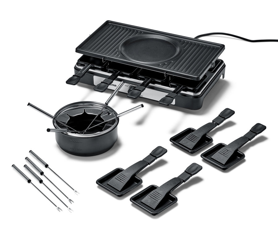 Fekete 2 az 1-ben raclette és fondue grill négy spatulával és négy villával fehér háttérrel.