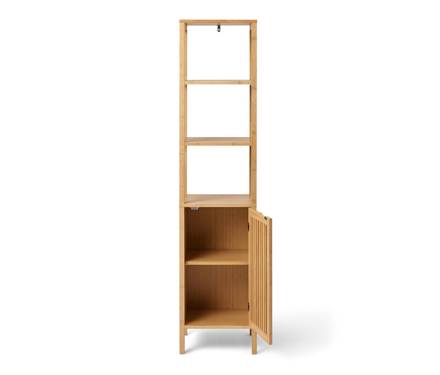 Bambusz állópolc, 1 ajtóval, nyitott polcokkal és ajtóval.