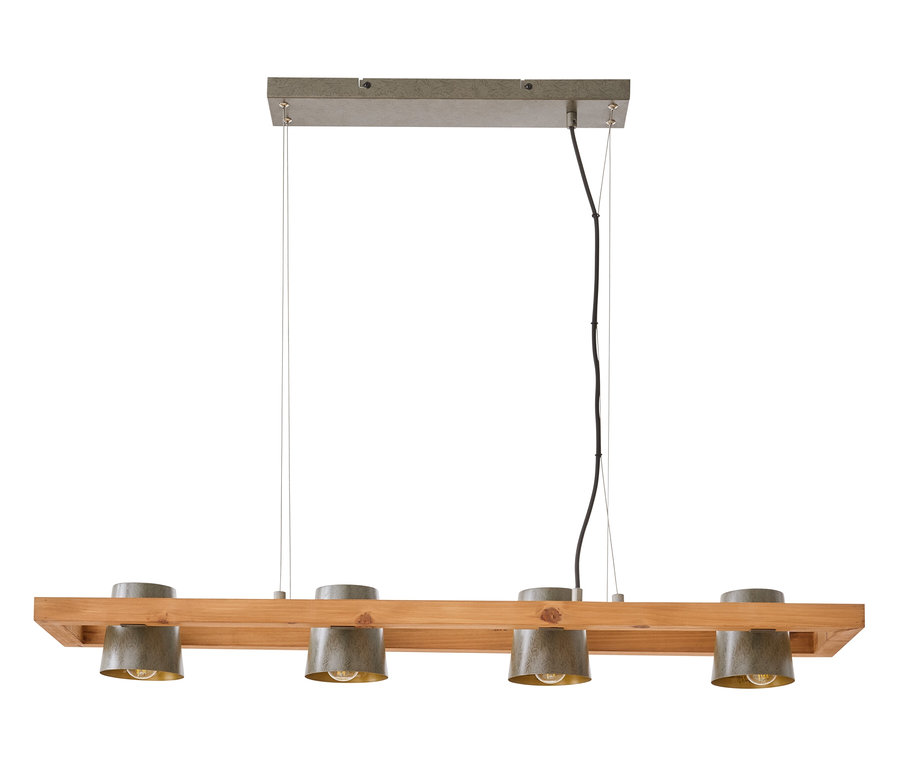 Fa mennyezeti lámpa négy fém lámpaernyővel.