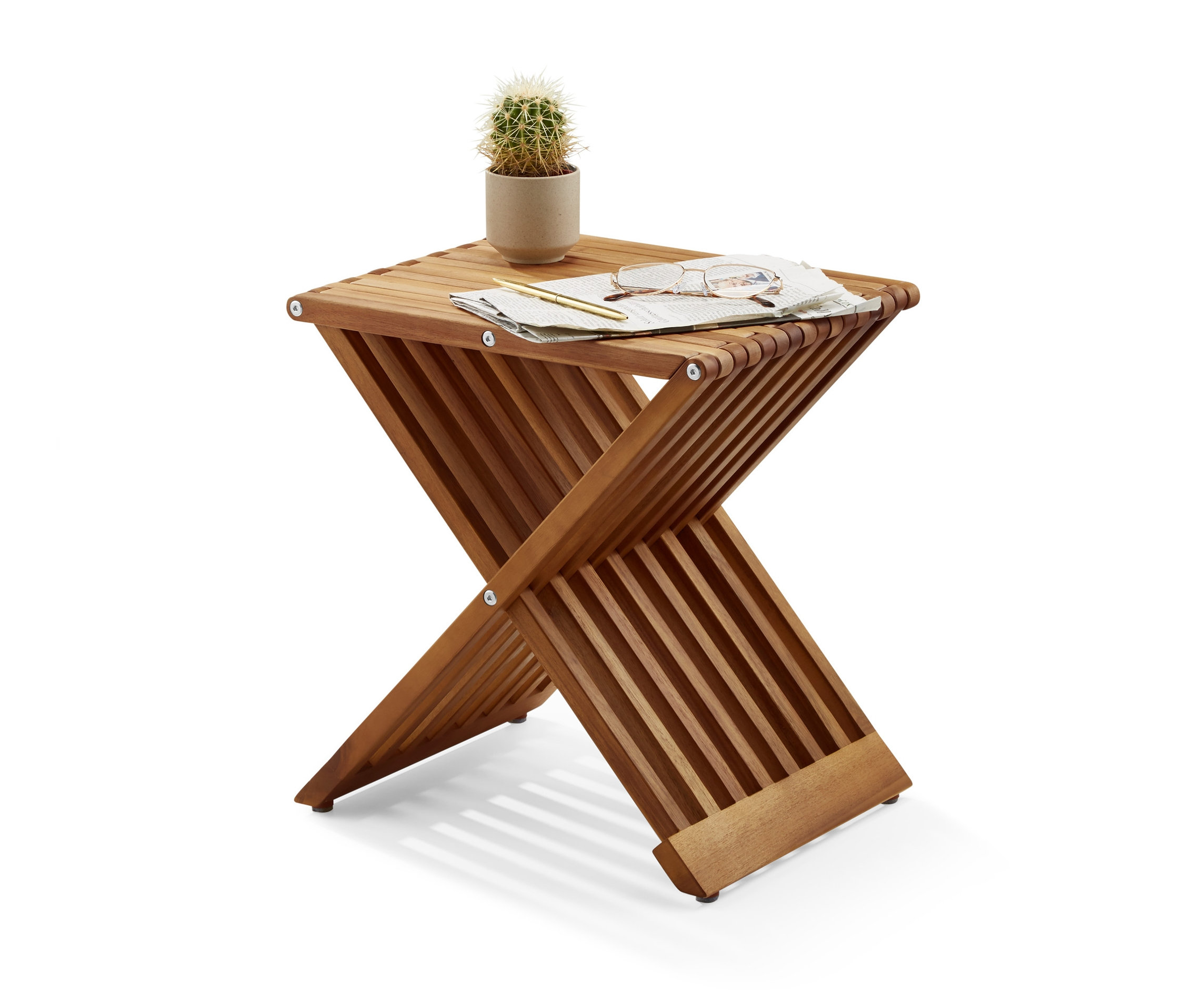 Egy összecsukható ülőkén egy kaktusz egy virágcserépben, egy szemüveg, egy toll és egy darab papír fekszik.