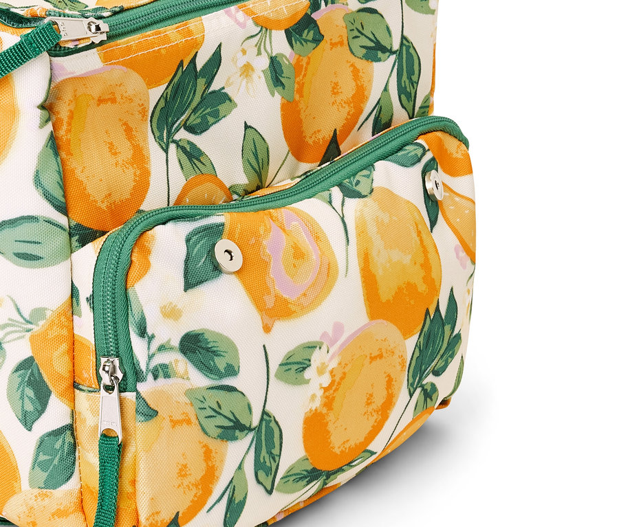 Citrusmintás mini hűtőtáska részlete zöld szegéllyel.