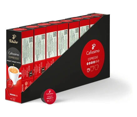 Egy csomag Cafissimo Espresso elegant kapszula. A csomag piros és fekete, és 80 kapszulát tartalmaz.