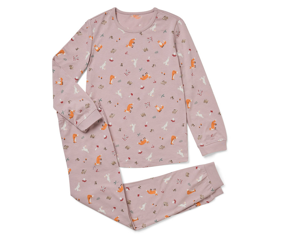 Rózsaszín pizsama róka, nyúl, gomba és levél mintával.