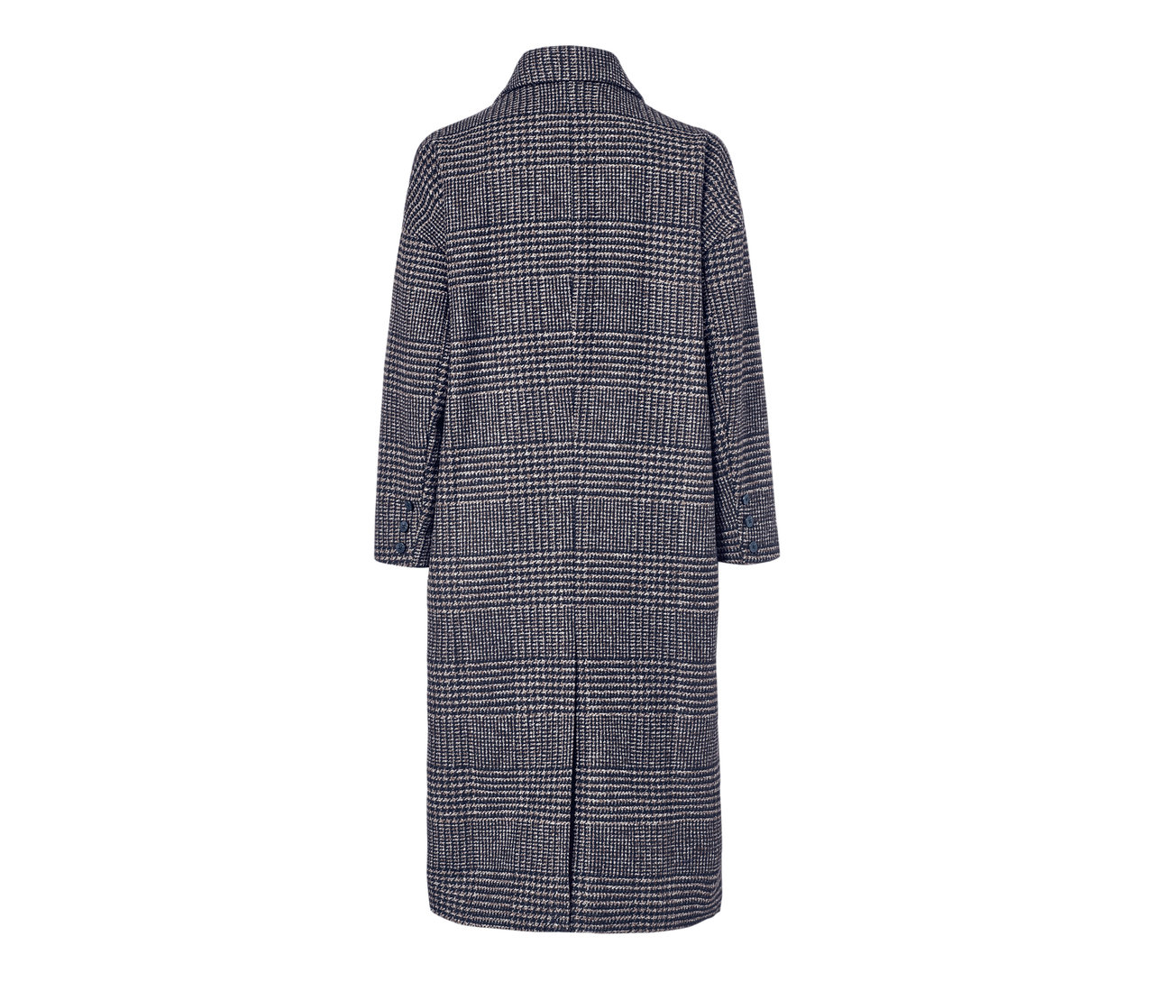 Egy kockás, gyapjú keverék szövetkabát részlete hátulnézetből.