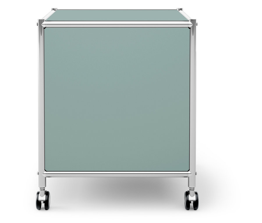 Zárt, mentazöld tárolódoboz kerekeken.