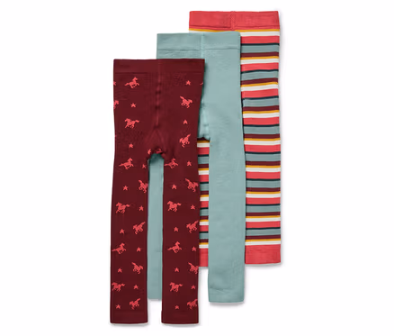 Három gyerek leggings: bordó csillagokkal és lovakkal, világoskék és csíkos.