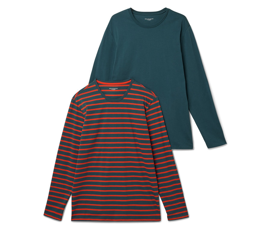 Két hosszú ujjú póló: egy zöld és egy piros csíkos sötétszürke alapon.
