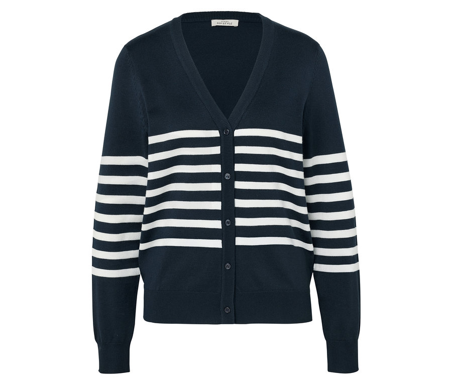 Tengerészkék kötött kardigán fehér csíkokkal.