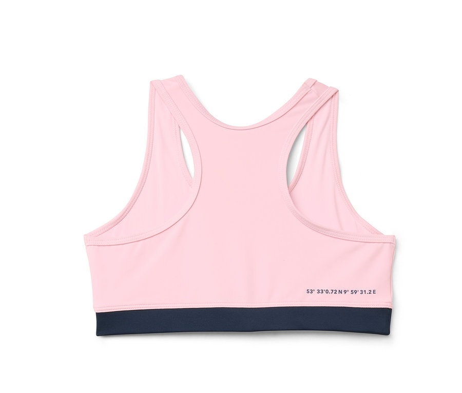 Egy rózsaszín, sötétkék szegélyű gyerek bikini szett részletfotója hátulról.