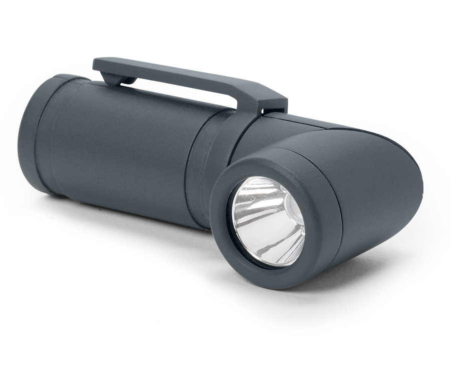 Egy szürke, 2 az 1-ben LED-es multifunkciós lámpa közeli képe fehér háttérrel.