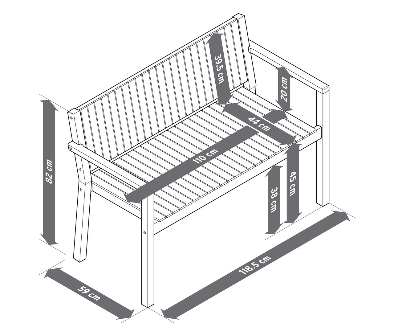 Egy körülbelül 120 cm-es kerti pad ábrája méretekkel.