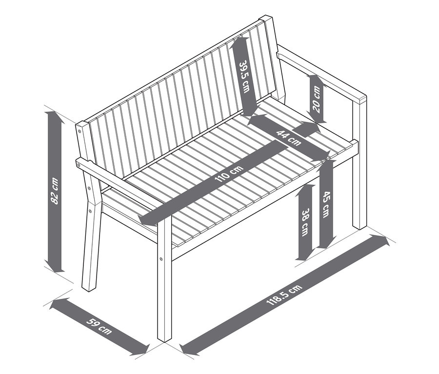 Egy körülbelül 120 cm-es kerti pad ábrája méretekkel.