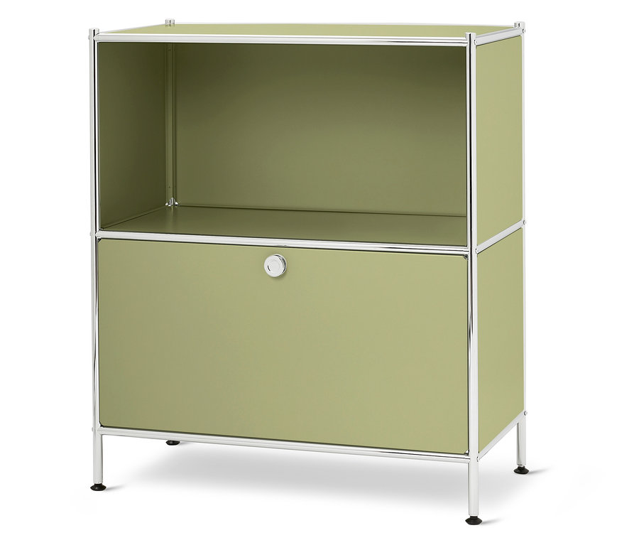 Zöld szekrény nyitott polccal és fiókkal.