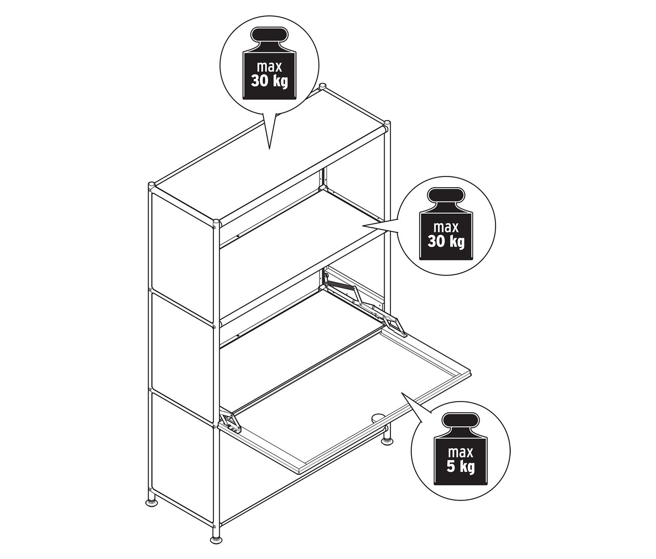 Felülnézet egy »CN3 Slim Line« fém komódról, két áthelyezhető, lenyitható ajtóval, melyek közül az egyik nyitva van.