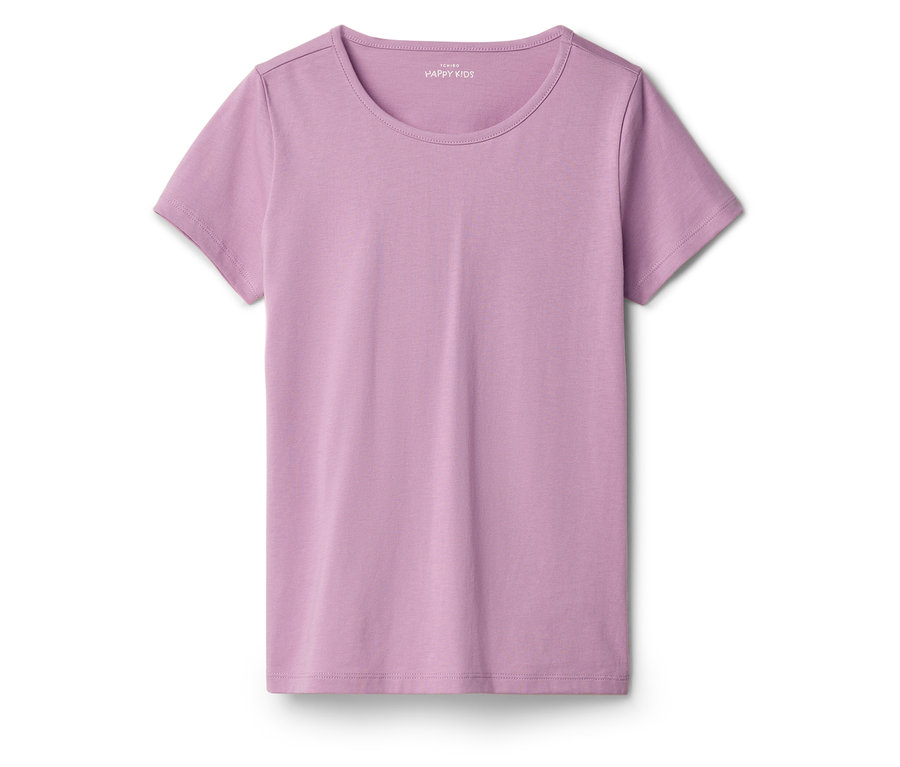 Egy lila, rövid ujjú póló fekszik egy fehér háttéren.