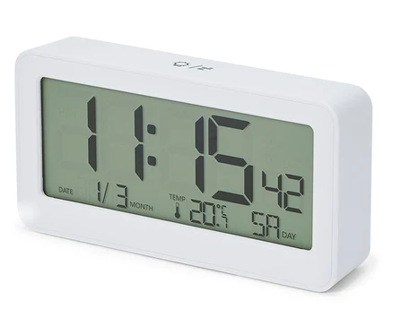 Fehér LED-es rádióvezérelt óra digitális kijelzővel, amely 11:15-öt, 1/3 dátumot és 20,5°C hőmérsékletet mutat.