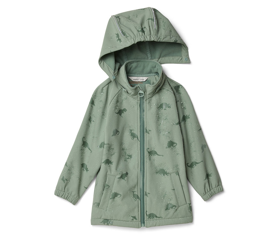 Zöld, kapucnis, dinoszaurusz mintás, cipzáras és zsebes softshell gyerek kabát.