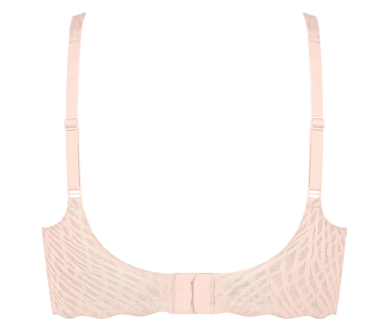 Egy világos rózsaszín, állítható pántokkal és kapcsos zárással rendelkező melltartó hátuljának közeli képe.