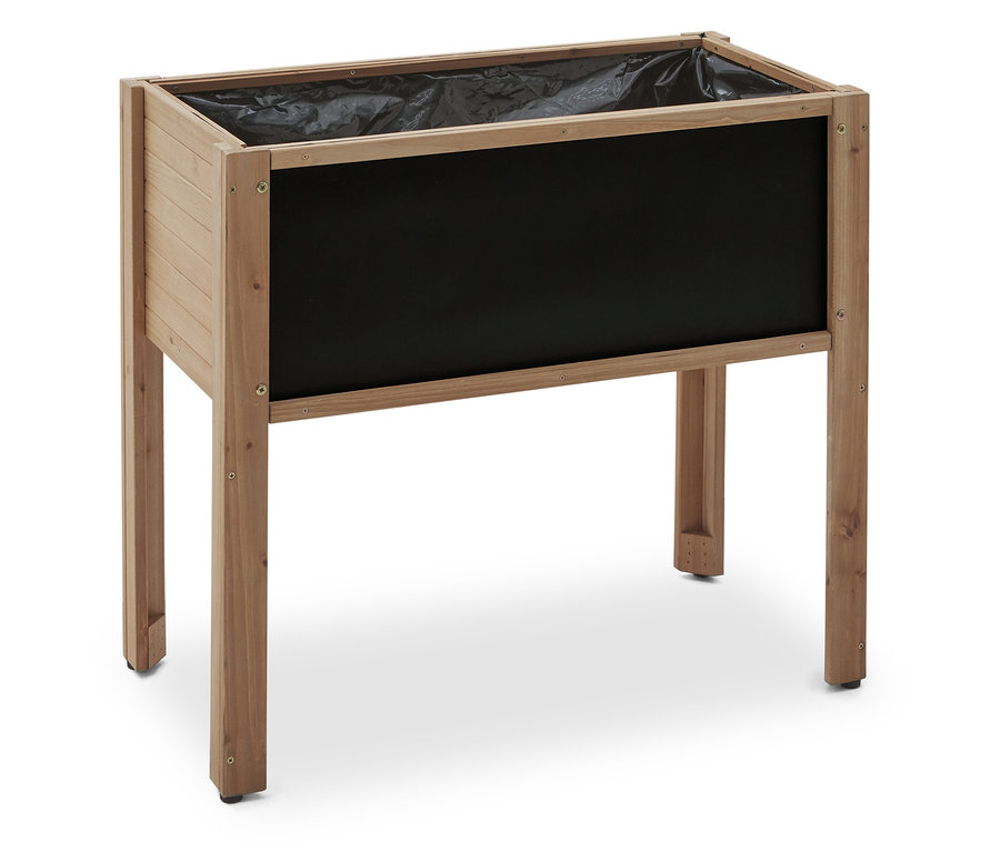 Egy fekete béléssel ellátott fa magaságyás áll fehér háttér előtt.