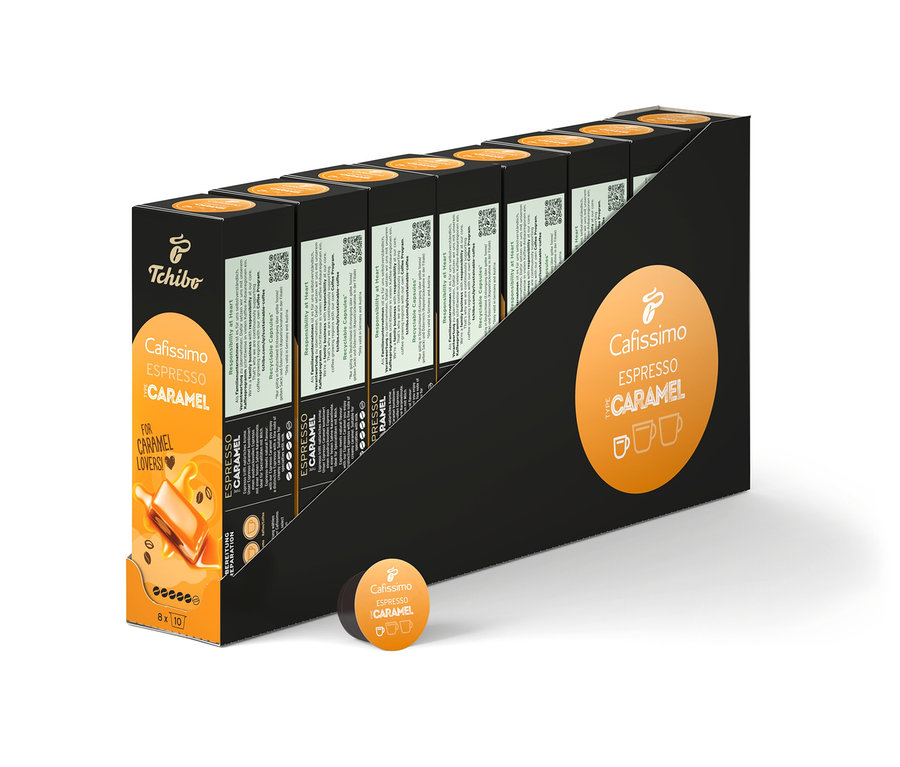 Egy csomag Cafissimo Espresso Caramel, 80 kapszula fekete-fehér csomagolásban.