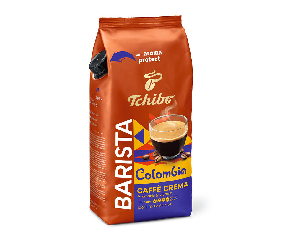 Látható egy csomag BARISTA Origins Colombia – 1 kg szemes kávé aromavédelemmel és Tchibo logóval.