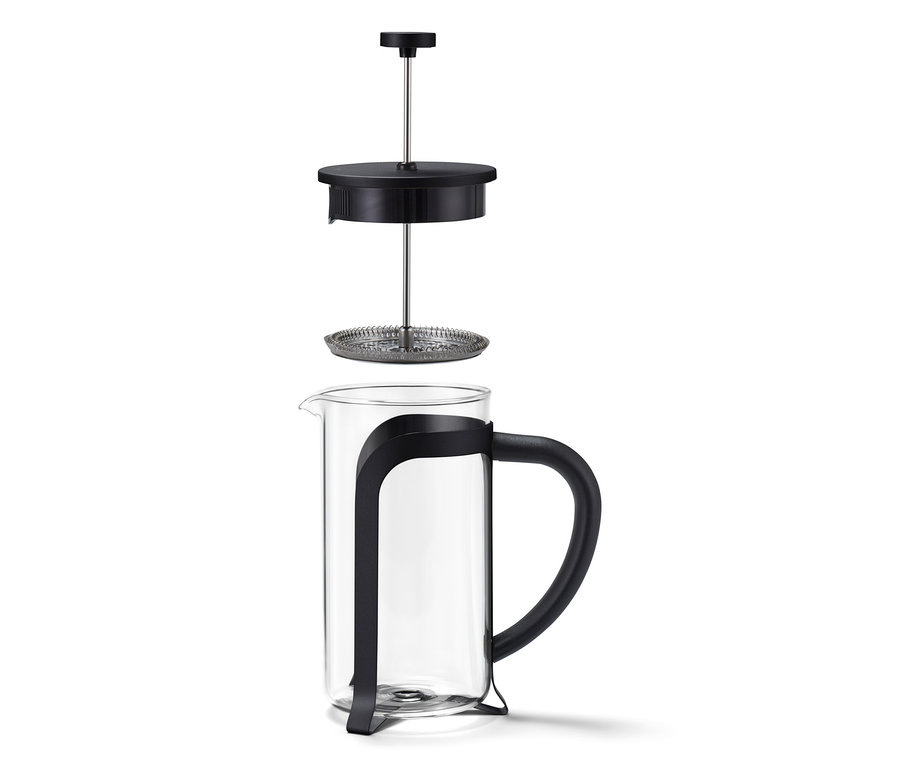 Egy szétszerelt fekete dugattyús kávéfőző, 800 ml-es, 6 csészés.