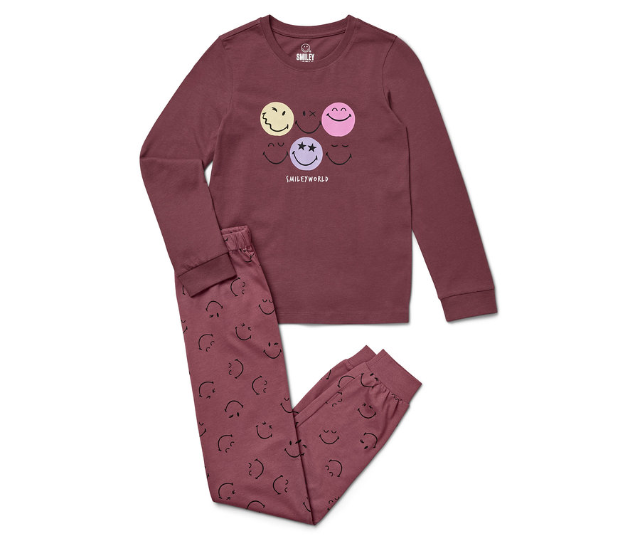 Bordó színű, hosszú ujjú pizsama smiley mintás nadrággal.