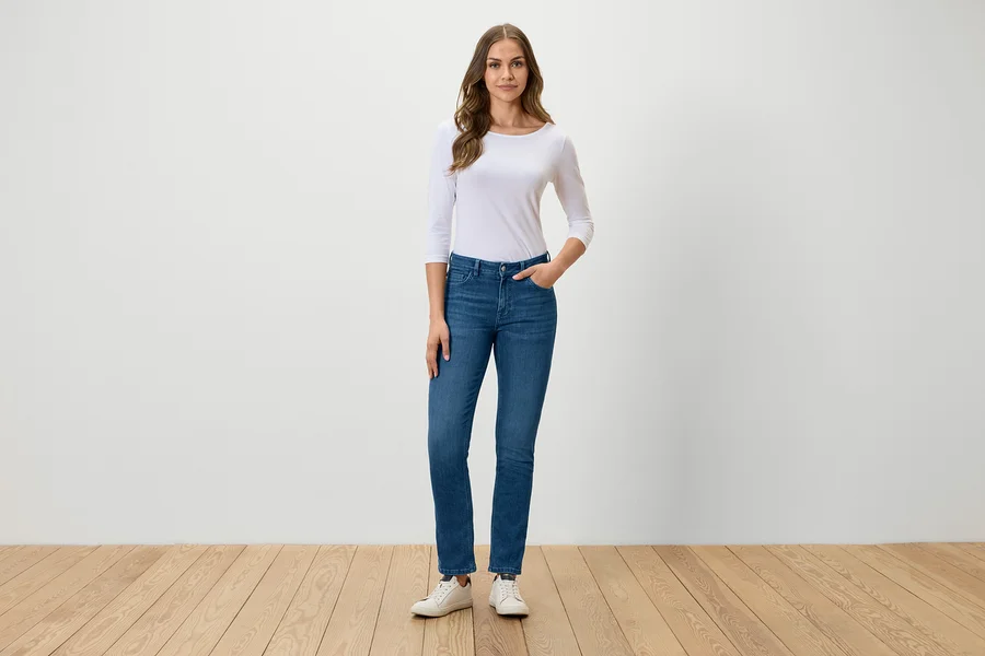 Frau steht und posiert in blauen Jeans, weißem T-Shirt und weißen Turnschuhen.