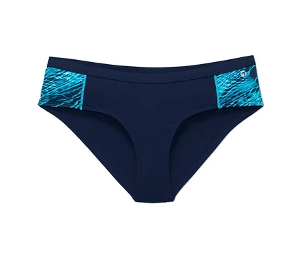 Egy női sport bikinialsó közeli képe, oldalán türkiz mintákkal.
