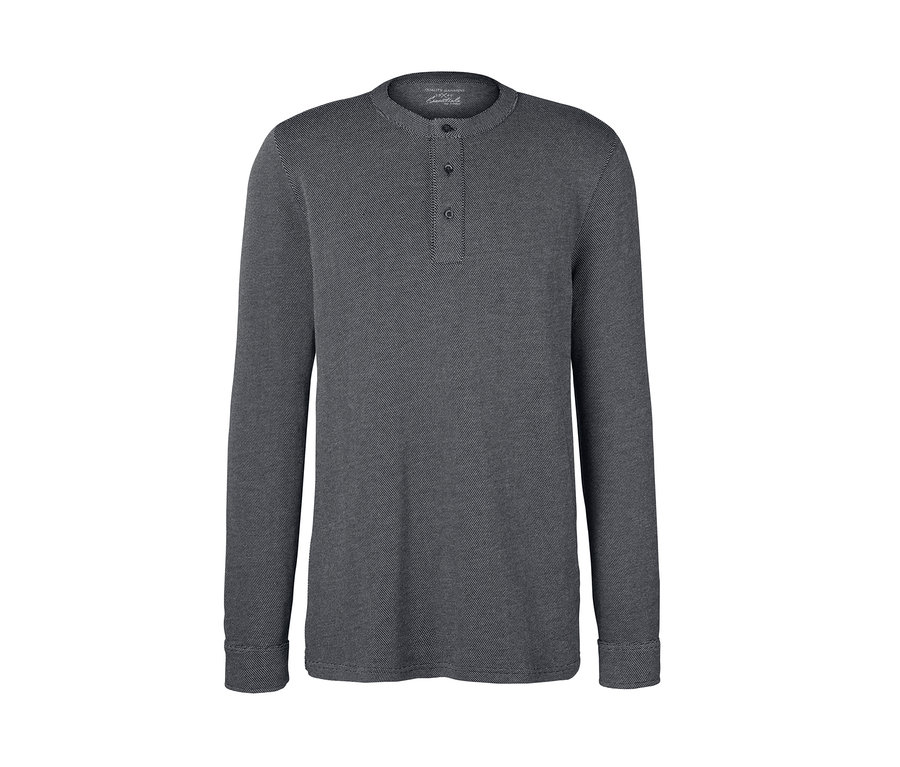 Szürke, jacquard férfi henley felső, hosszú ujjakkal és három gombbal.