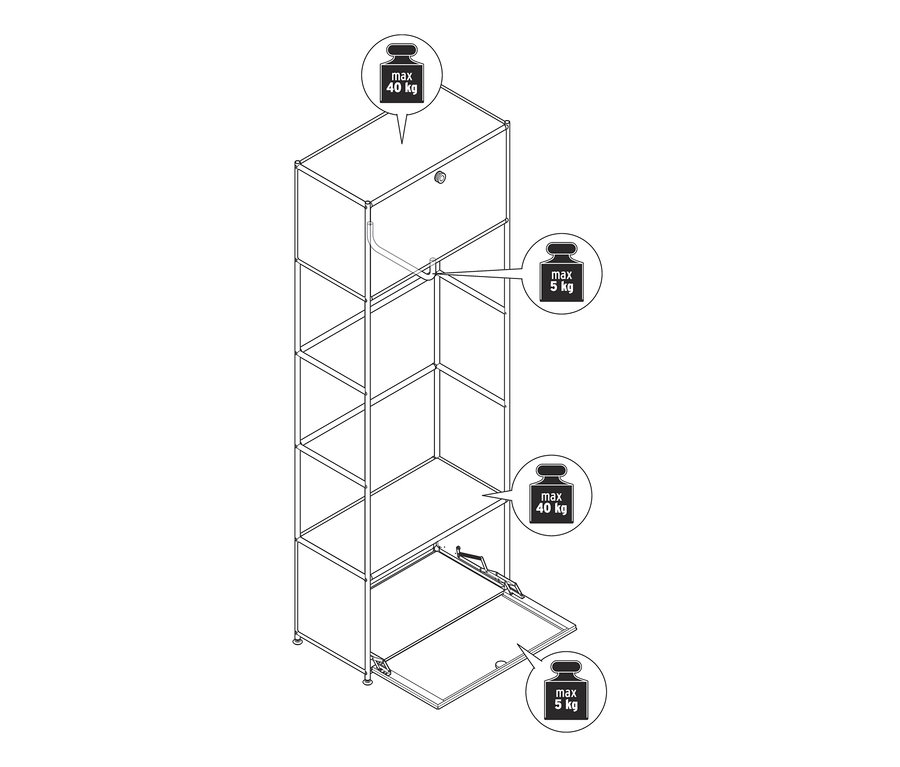 Egy fém nyitott ruhásszekrény vonalrajza nyitott alsó szekrénnyel és súlykorlátozásokkal.