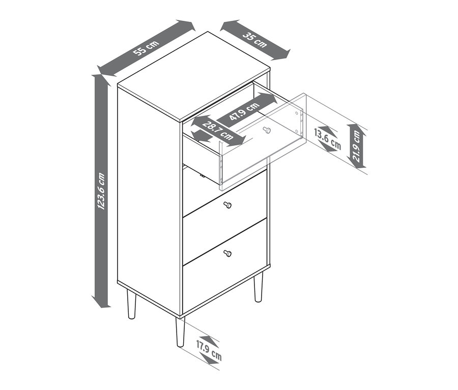 Egy antracit és fehér színű, keskeny Bekeson komód rajza nyitott felső fiókkal és méretekkel.