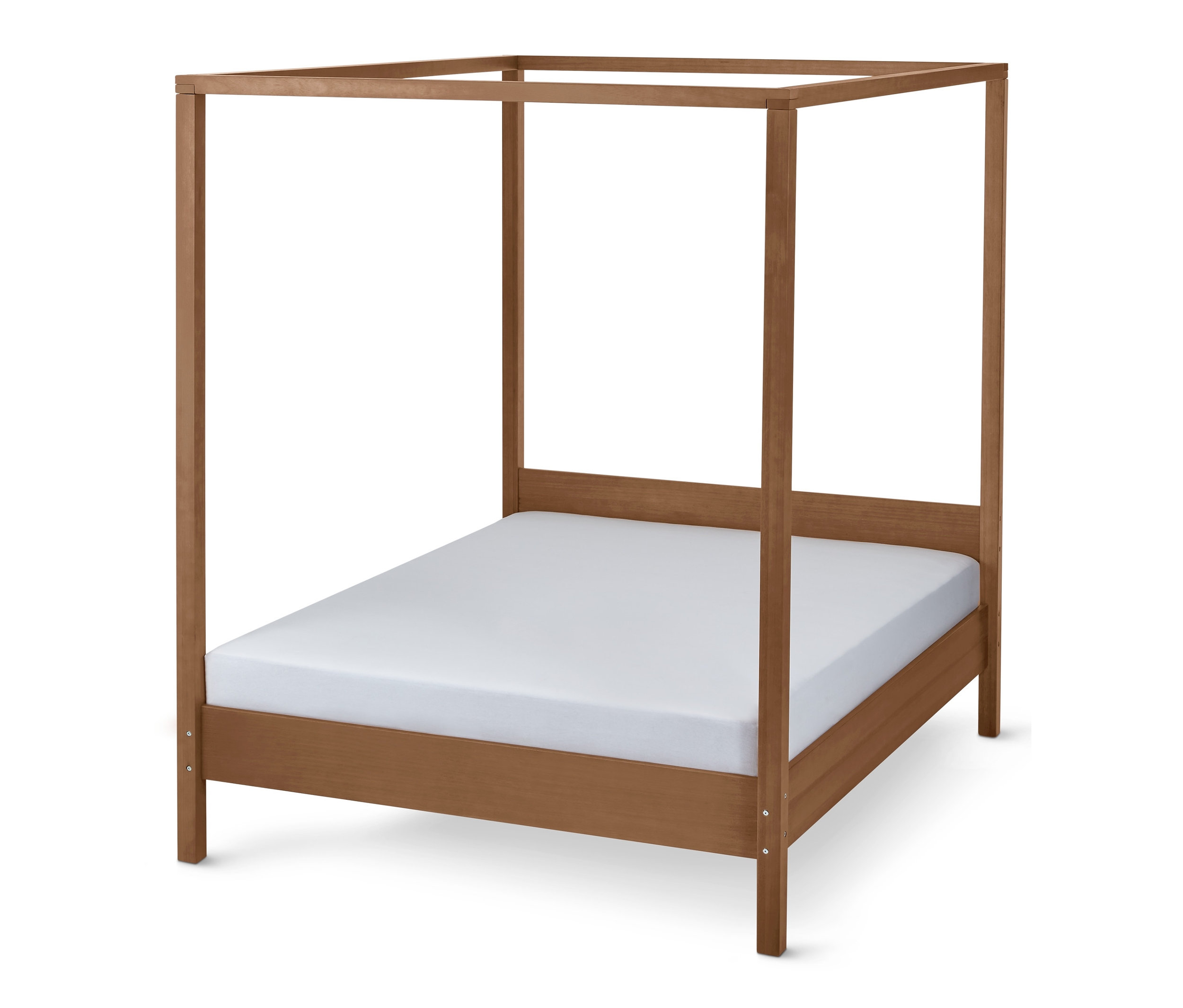 Egy barna fa baldachinos ágy fehér matraccal.