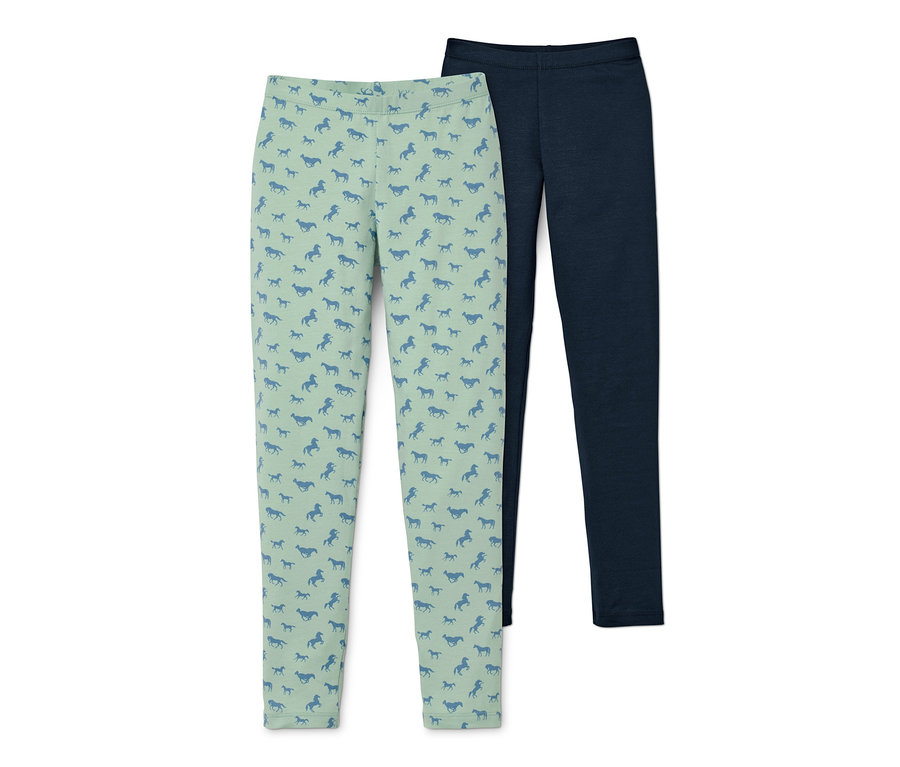 Két leggings: egy világoszöld lovas mintával, egy sötétkék.