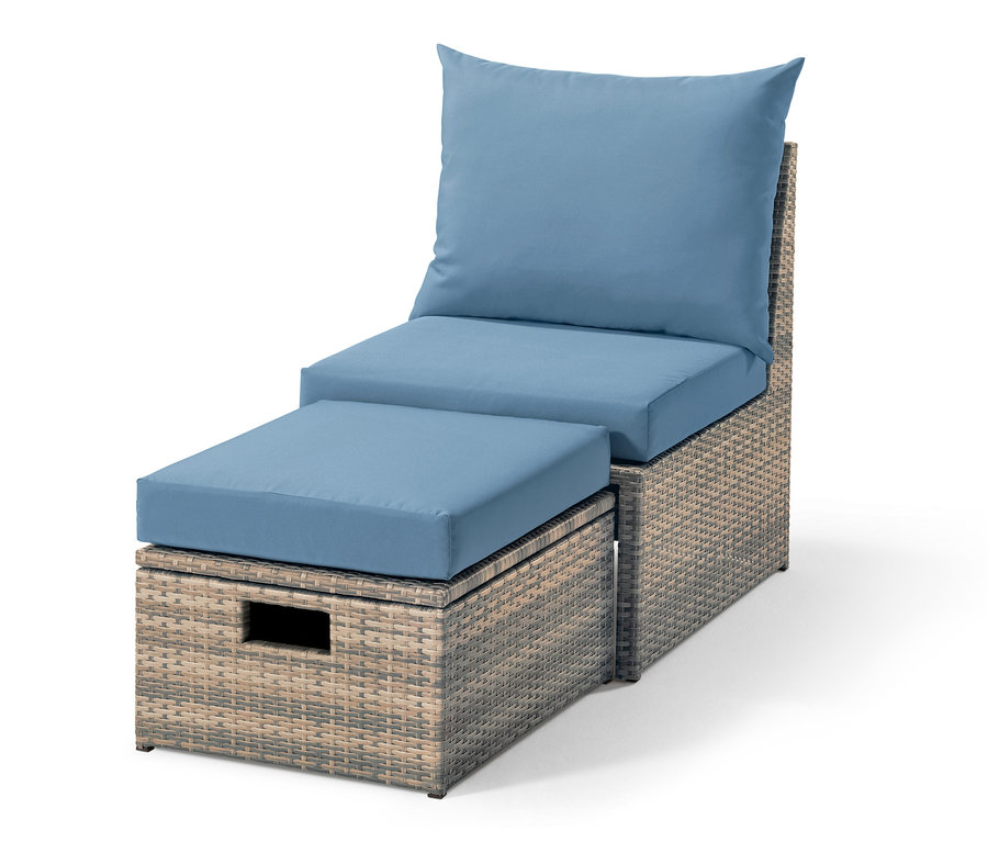 Kerti polyrattan fotel, lábtartó, "Thore", kék párnákkal.