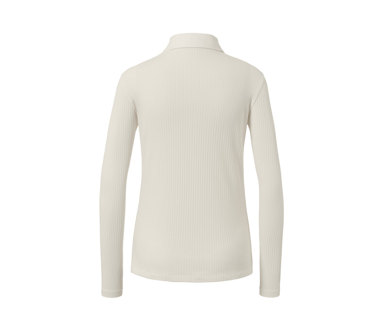 Hátulnézet egy krémszínű, galléros, hosszú ujjú női felsőről.