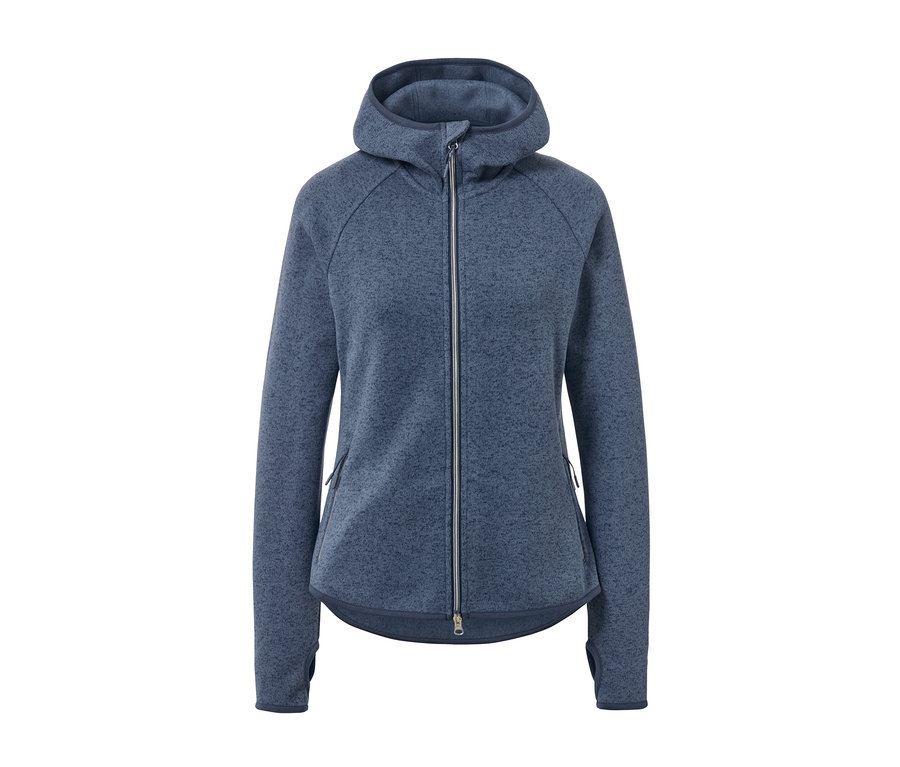 Kék, kötött polárfelső, középen cipzárral.